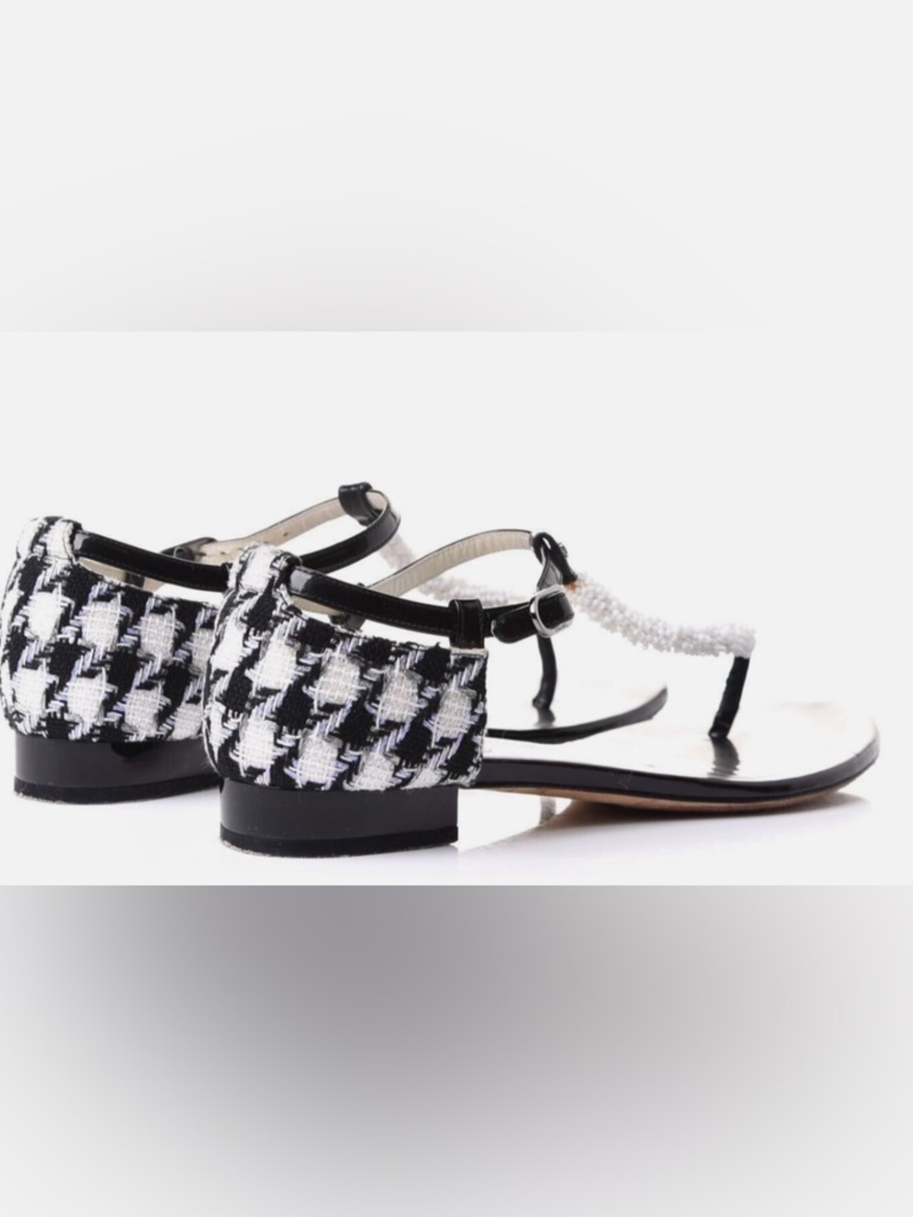 Chanel Beaded T-Strap Sandals Size 39.5C Black White Tweed Patent